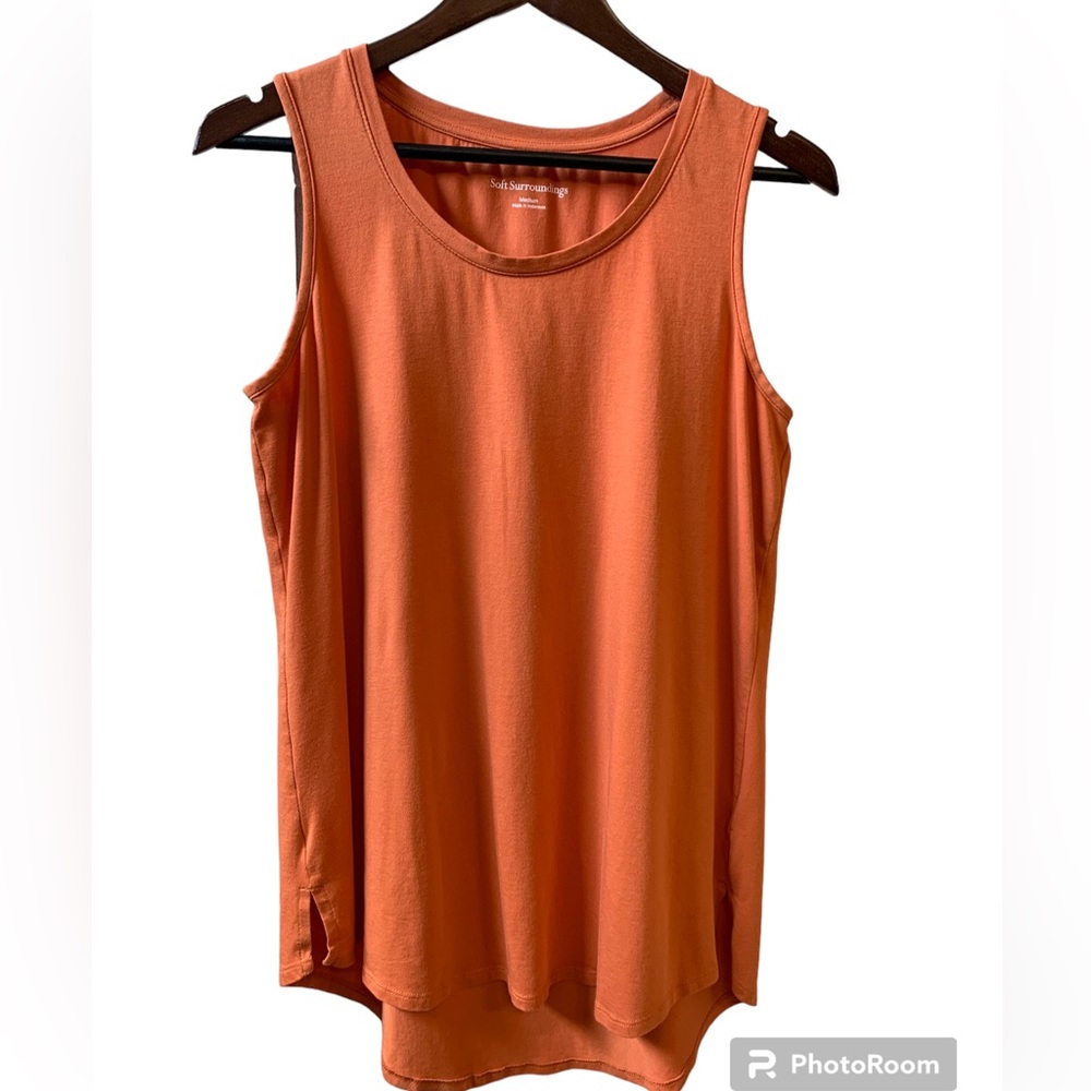 Soft Surroundings dropped hem, sleeveless top and burnt orange